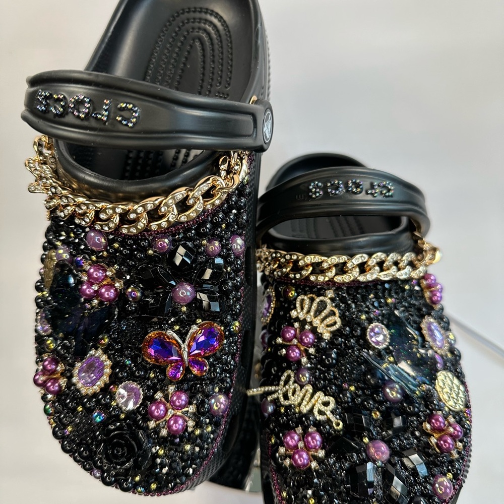 CROCS Custom Black with Purple and Gold Embellishments